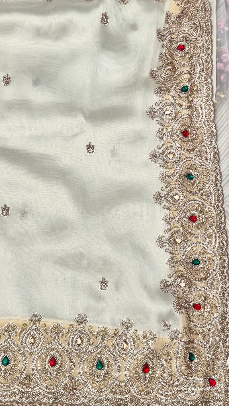 Golden Ivory Tissue Saree Embellished With Sequins, Moti & Cut Dana Work