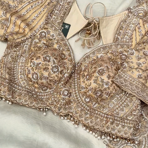 Golden Ivory Tissue Saree Embellished With Sequins, Moti & Cut Dana Work