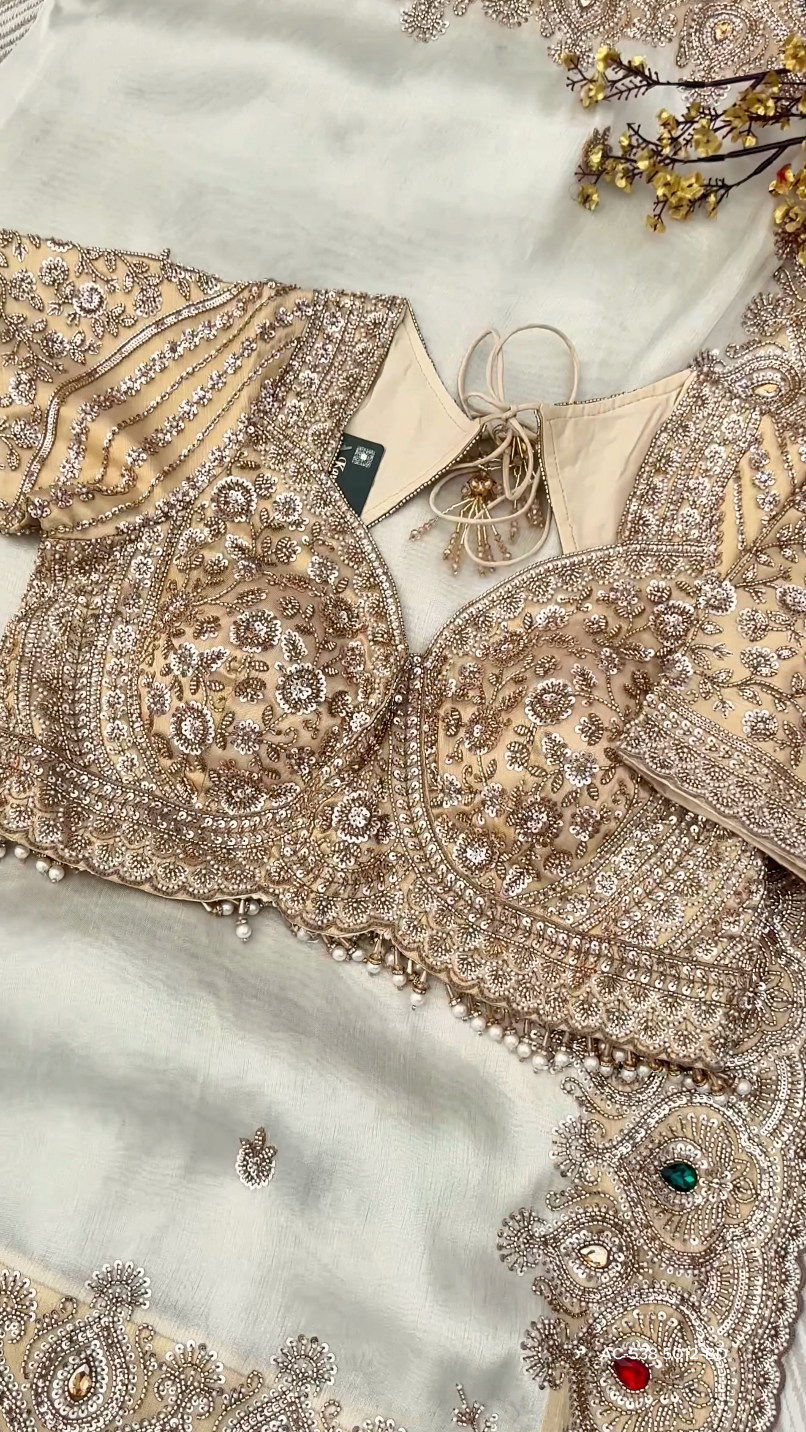 Golden Ivory Tissue Saree Embellished With Sequins, Moti & Cut Dana Work