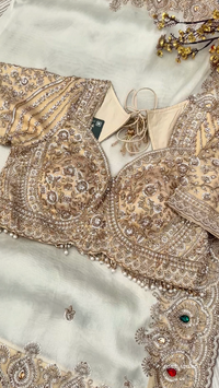 Golden Ivory Tissue Saree Embellished With Sequins, Moti & Cut Dana Work