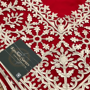 Beautiful Red Raw Silk Saree Trimmed With Leather Patch Work