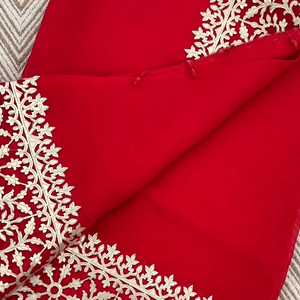 Beautiful Red Raw Silk Saree Trimmed With Leather Patch Work