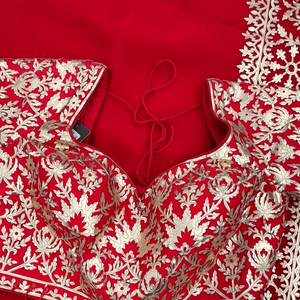 Beautiful Red Raw Silk Saree Trimmed With Leather Patch Work