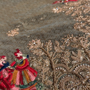 Sage Green Pure Tissue Banarasi Unstitched Saree with Sequins, Zari, Moti & Dori Work