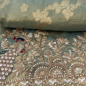 Sage Green Pure Tissue Banarasi Unstitched Saree with Sequins, Zari, Moti & Dori Work