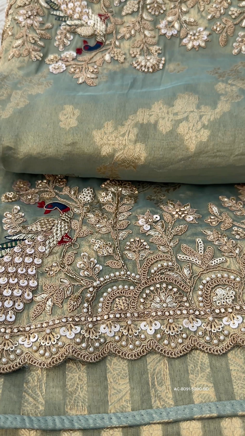 Sage Green Pure Tissue Banarasi Unstitched Saree with Sequins, Zari, Moti & Dori Work
