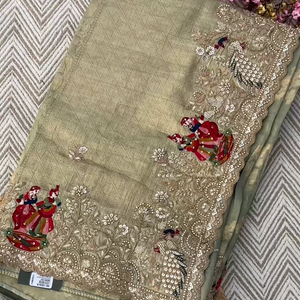 Sage Green Pure Tissue Banarasi Unstitched Saree with Sequins, Zari, Moti & Dori Work