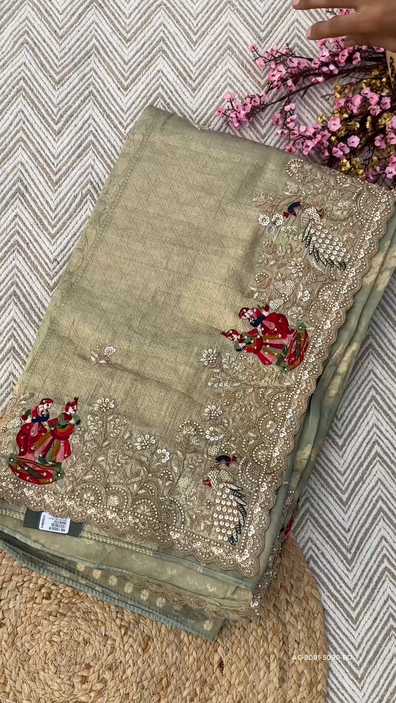 Sage Green Pure Tissue Banarasi Unstitched Saree with Sequins, Zari, Moti & Dori Work