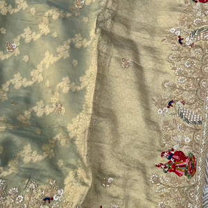 Sage Green Pure Tissue Banarasi Unstitched Saree with Sequins, Zari, Moti & Dori Work