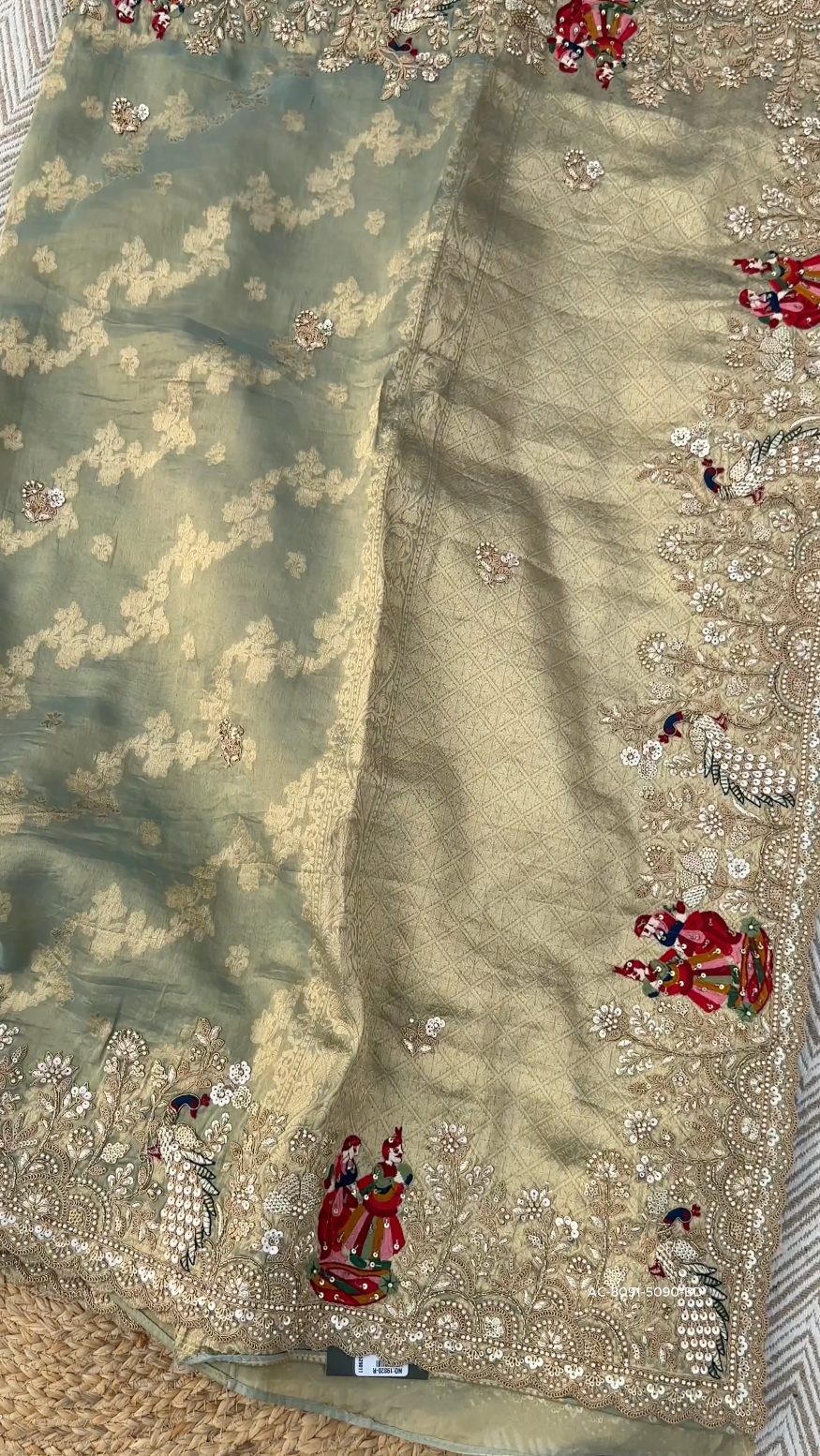 Sage Green Pure Tissue Banarasi Unstitched Saree with Sequins, Zari, Moti & Dori Work