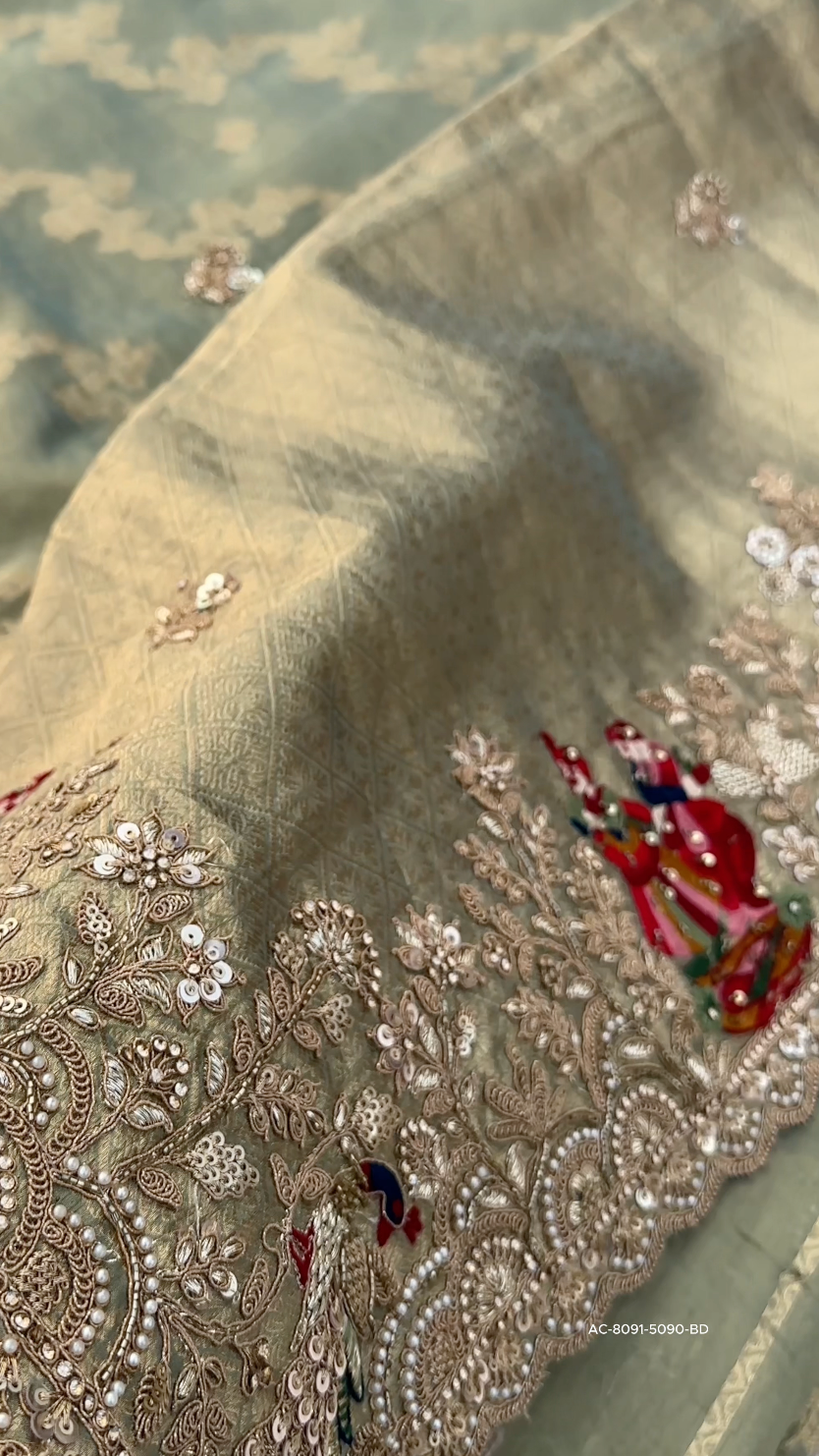 Sage Green Pure Tissue Banarasi Unstitched Saree with Sequins, Zari, Moti & Dori Work