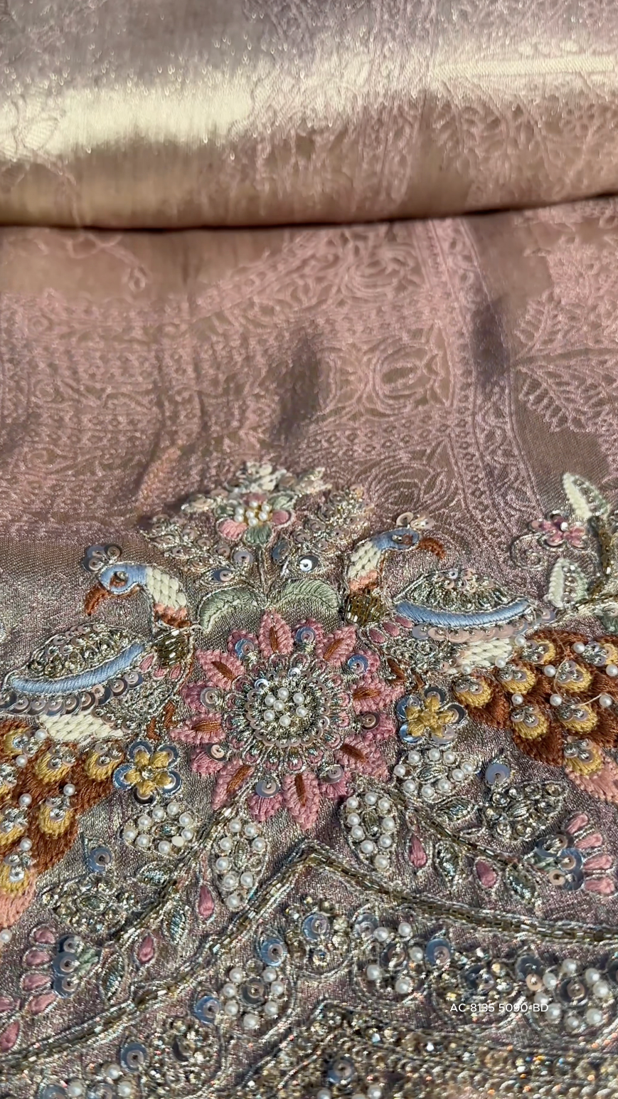 Peach Pure Banarasi Unstitched Saree with Sequins, Swarovski & Zari Work