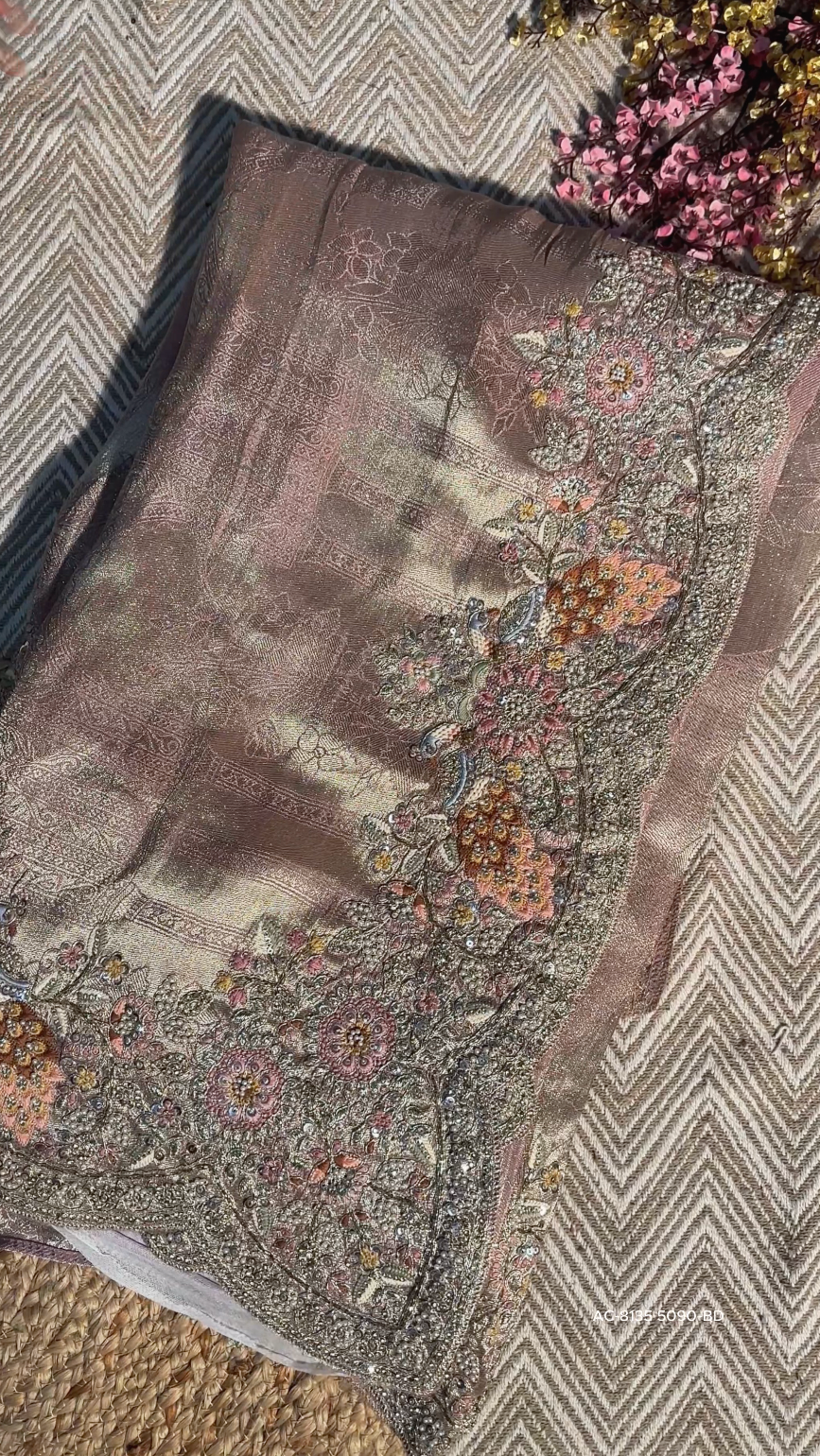 Peach Pure Banarasi Unstitched Saree with Sequins, Swarovski & Zari Work