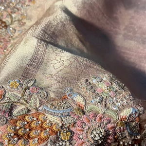 Peach Pure Banarasi Unstitched Saree with Sequins, Swarovski & Zari Work