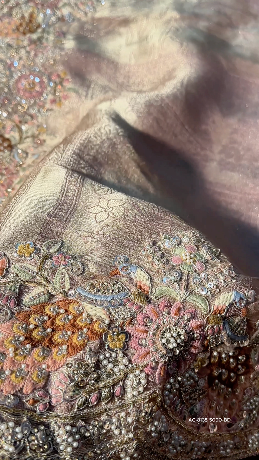 Peach Pure Banarasi Unstitched Saree with Sequins, Swarovski & Zari Work