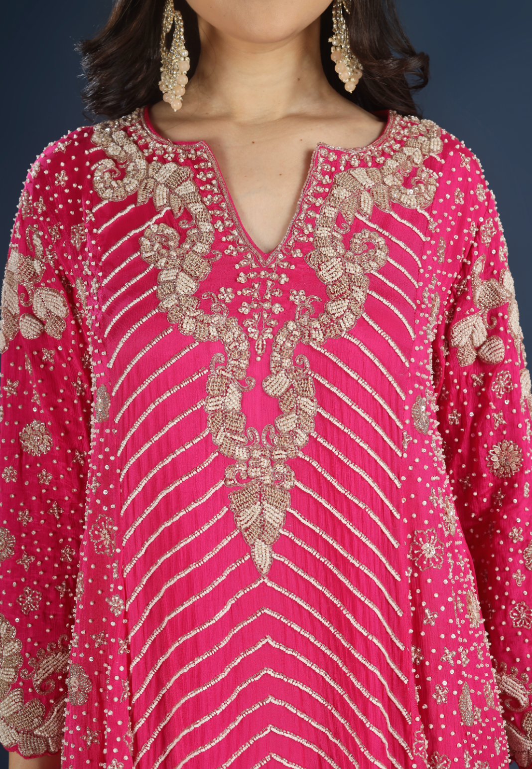 Pink Chinon Indo Western with Cutdana, Sequins and Pearl Embroidery