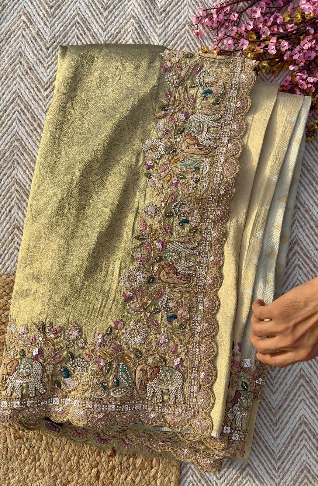 Muted Olive Gold Tissue Silk Saree Embellished with Zari, Cutdana & Zarkan Work