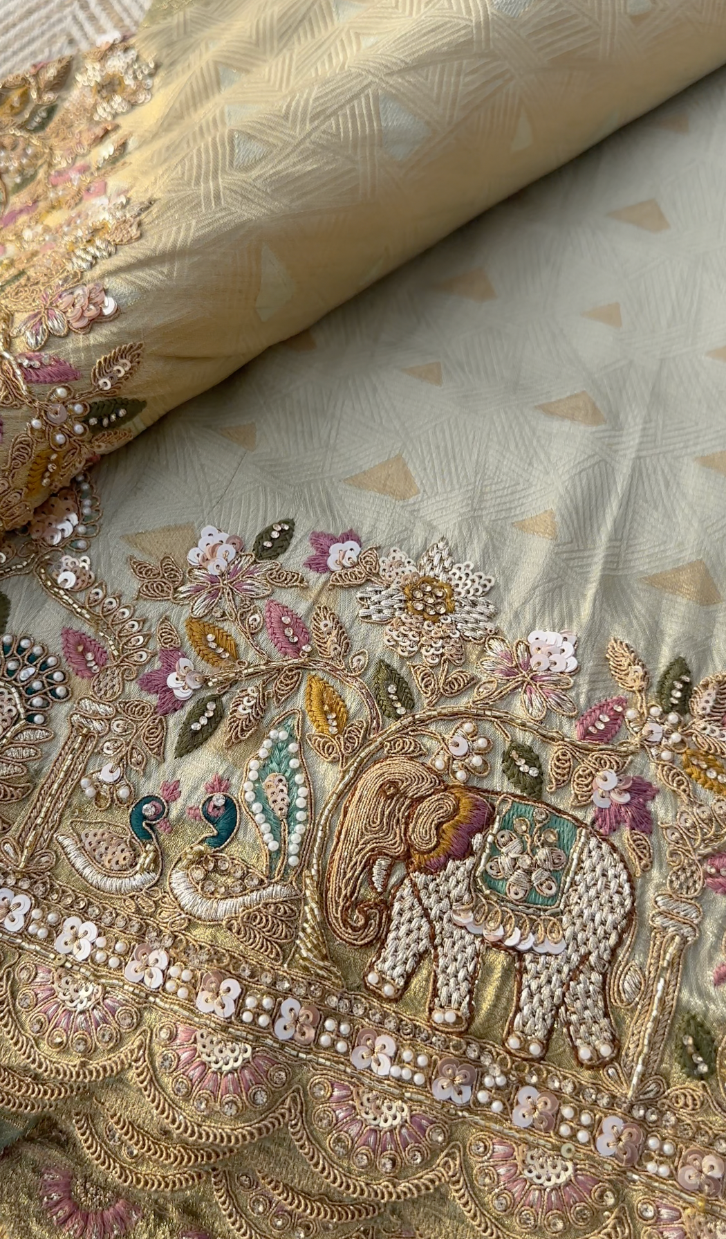 Muted Olive Gold Tissue Silk Saree Embellished with Zari, Cutdana & Zarkan Work
