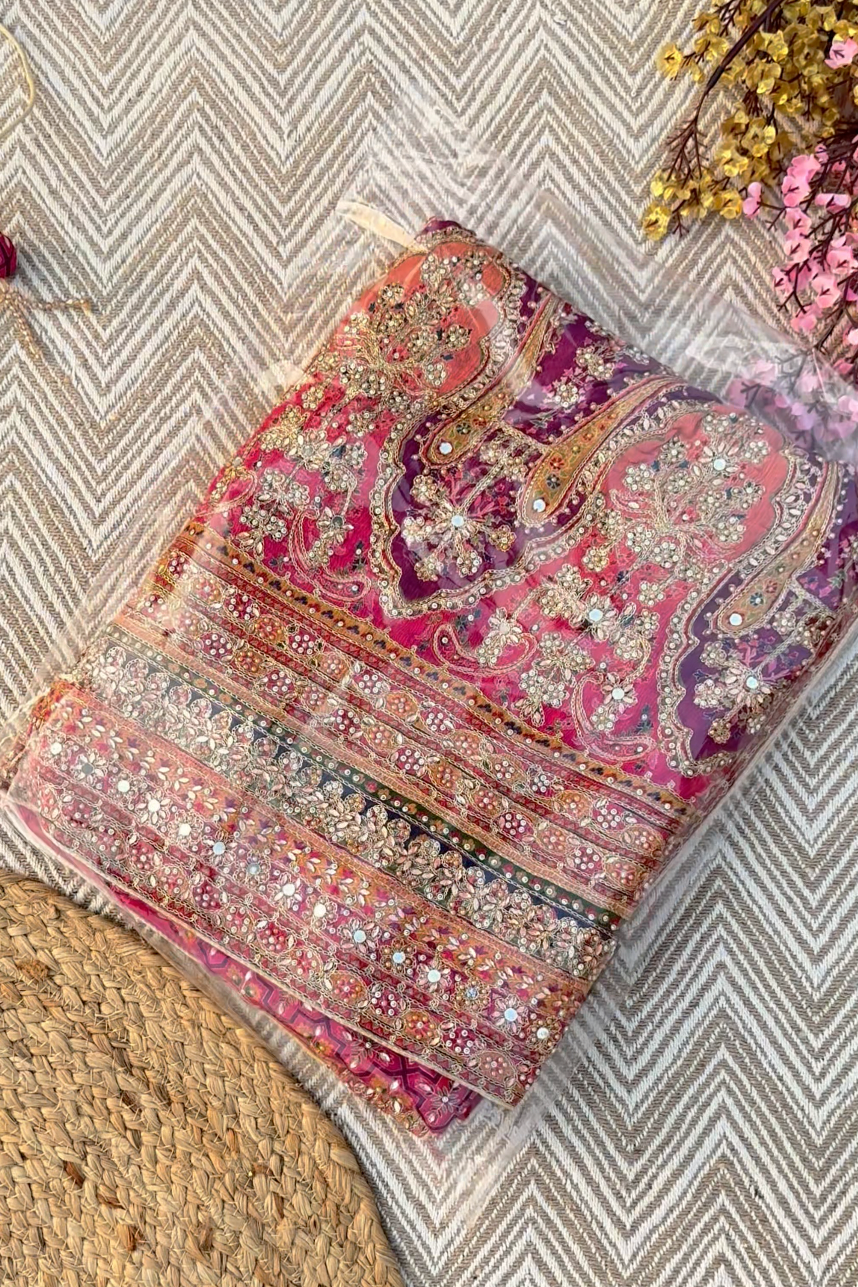 Rani Chinon Saree Embellished With Stone & Zari Work