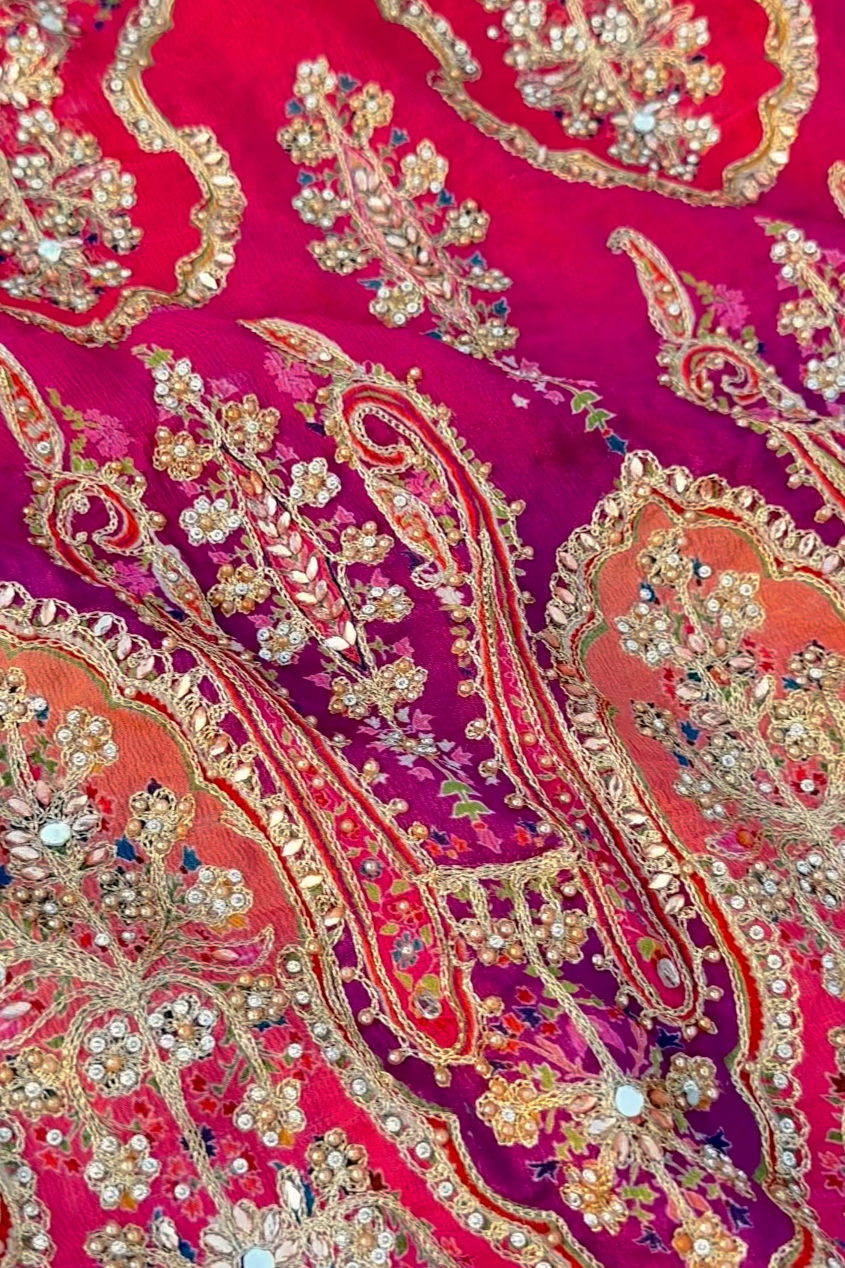 Rani Chinon Saree Embellished With Stone & Zari Work