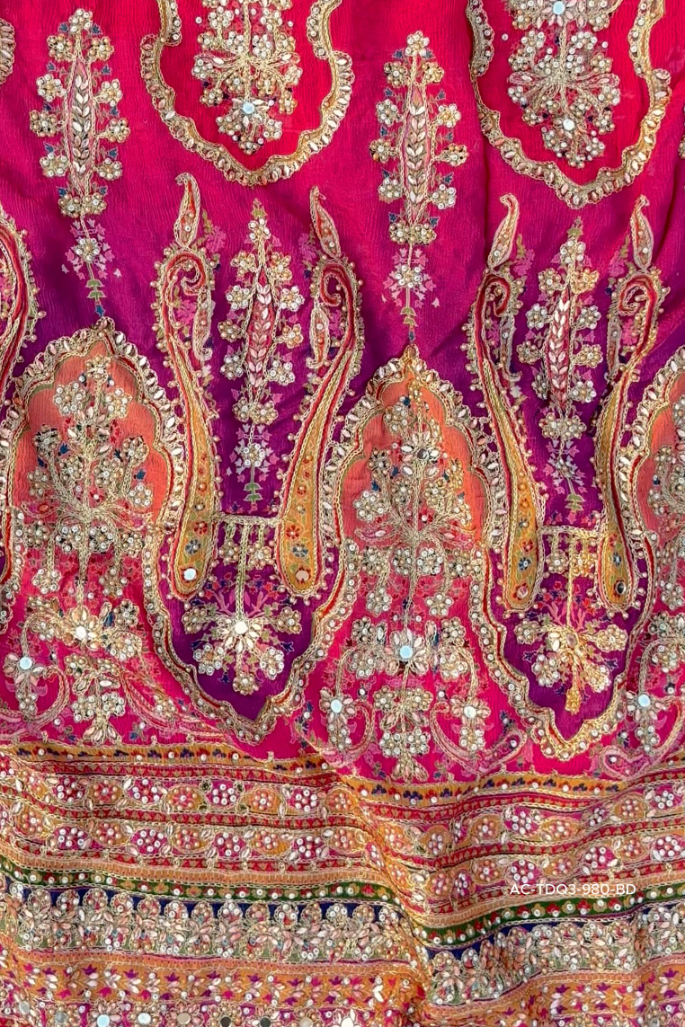 Rani Chinon Saree Embellished With Stone & Zari Work