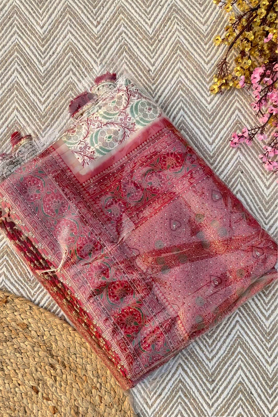 Ivory Banarasi Saree Embellished With Zari, Stone, Sequins & Mirror Work