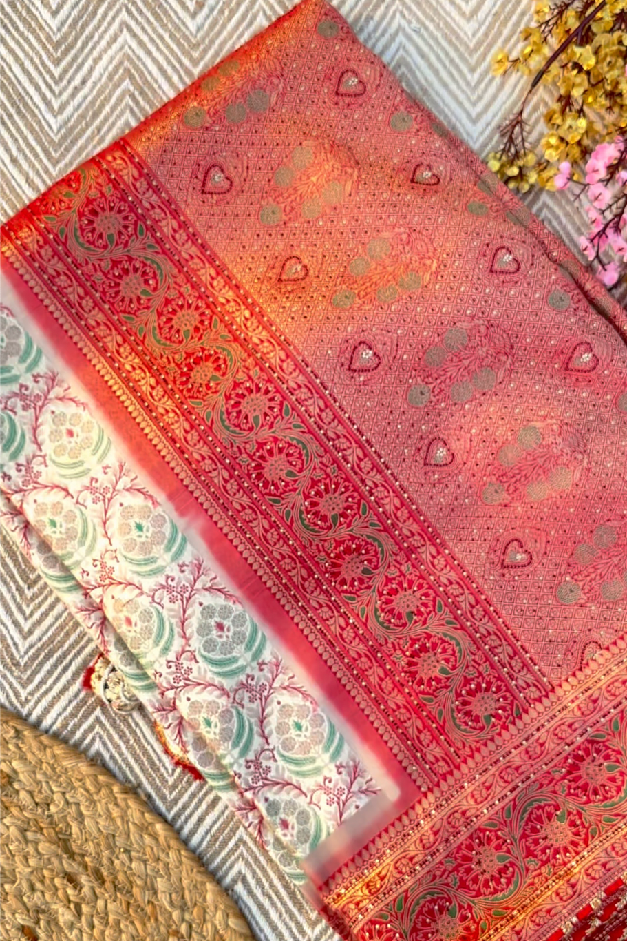 Ivory Banarasi Saree Embellished With Zari, Stone, Sequins & Mirror Work