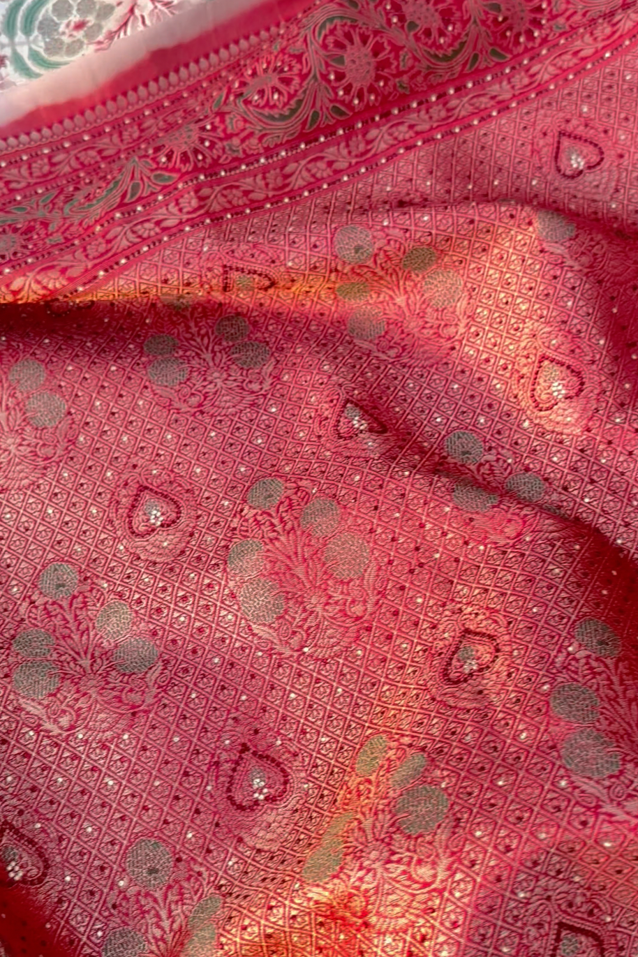 Ivory Banarasi Saree Embellished With Zari, Stone, Sequins & Mirror Work