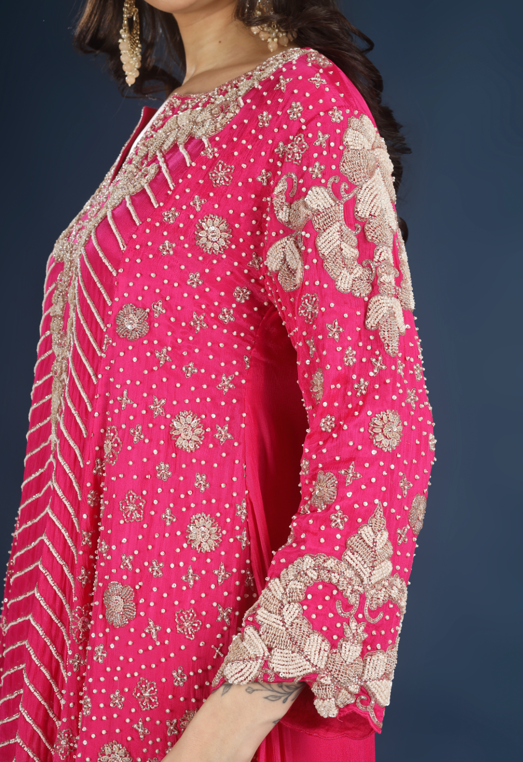 Pink Chinon Indo Western with Cutdana, Sequins and Pearl Embroidery