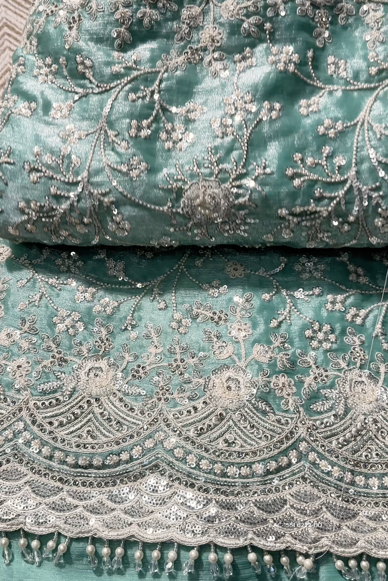 Sky Green Organza Unstitched Saree Embellished With Intricate Handwork