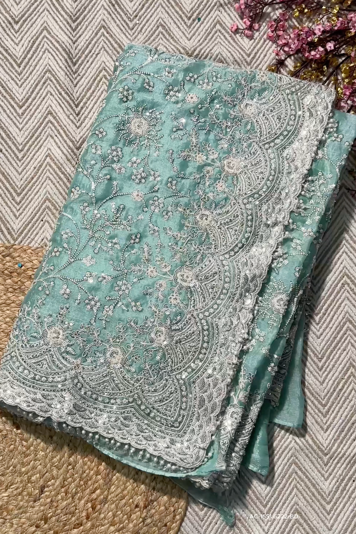 Sky Green Organza Unstitched Saree Embellished With Intricate Handwork