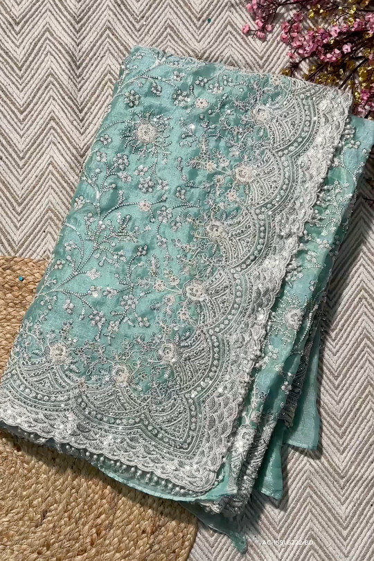 Sky Green Organza Unstitched Saree Embellished With Intricate Handwork