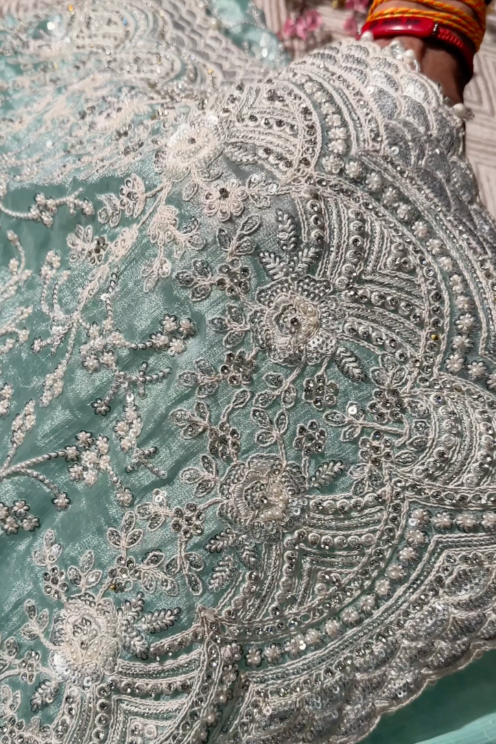 Sky Green Organza Unstitched Saree Embellished With Intricate Handwork