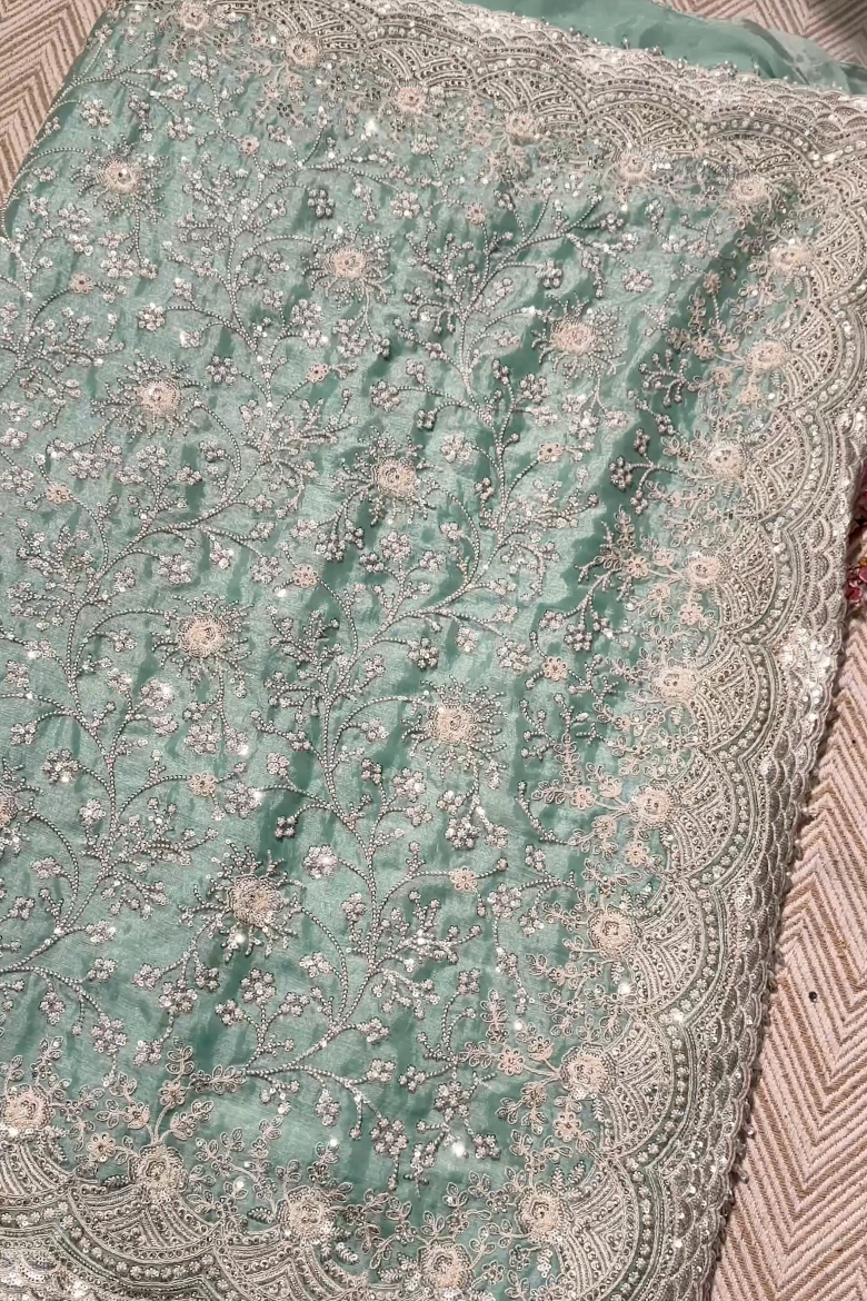 Sky Green Organza Unstitched Saree Embellished With Intricate Handwork