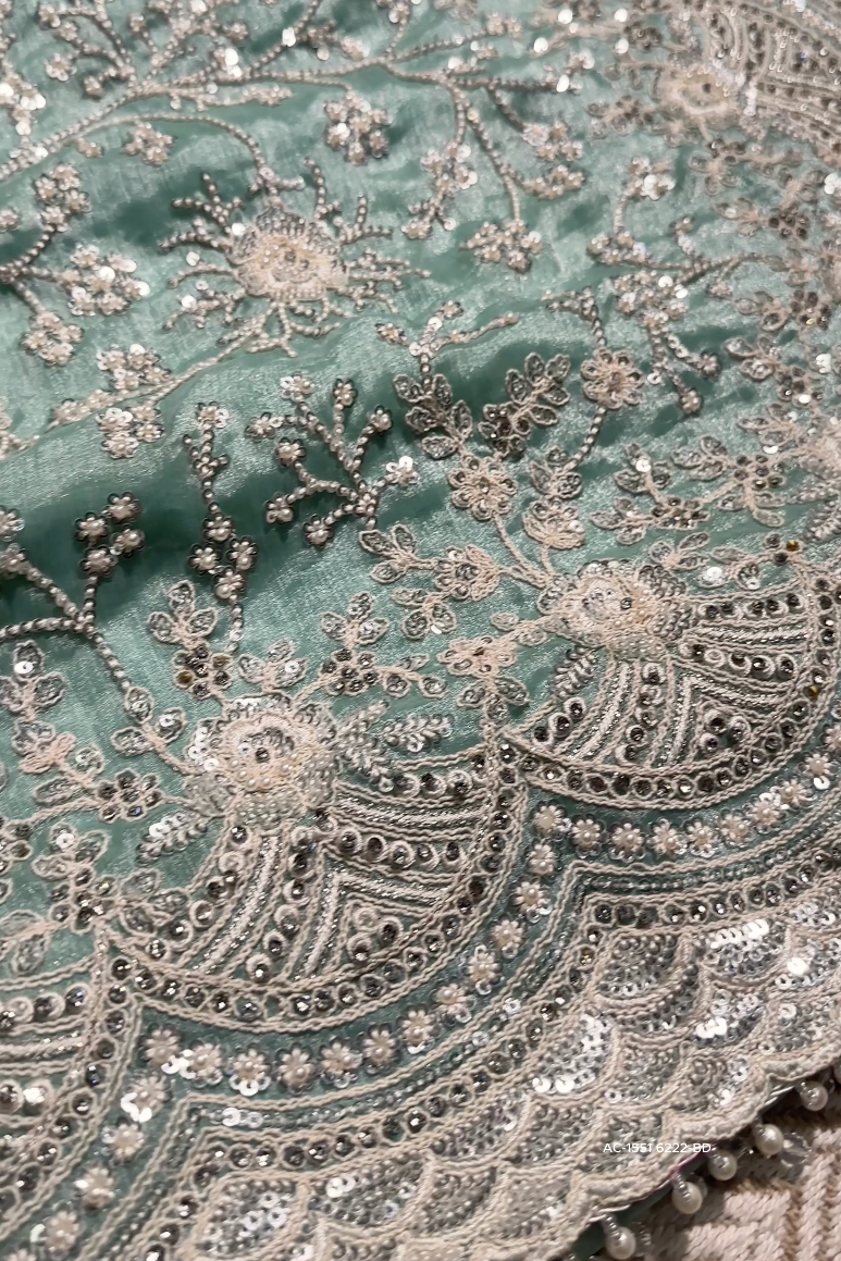 Sky Green Organza Unstitched Saree Embellished With Intricate Handwork