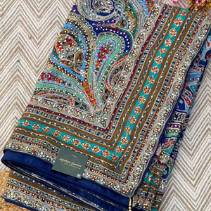 Navy Blue Chinon Ready Made Saree Embellished With Zari, Stone, Mirror & Chandla Work