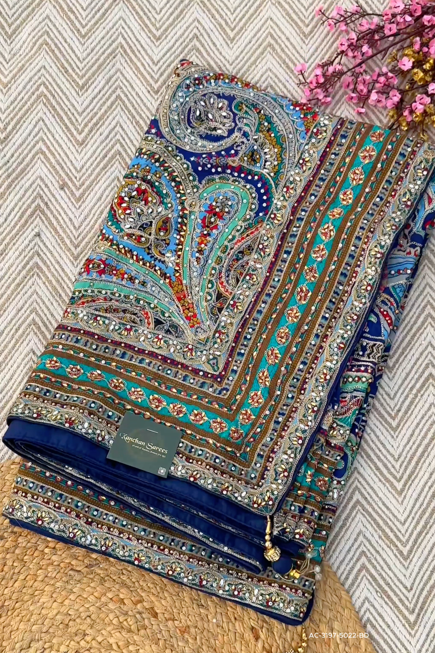 Navy Blue Chinon Ready Made Saree Embellished With Zari, Stone, Mirror & Chandla Work