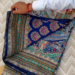 Navy Blue Chinon Ready Made Saree Embellished With Zari, Stone, Mirror & Chandla Work