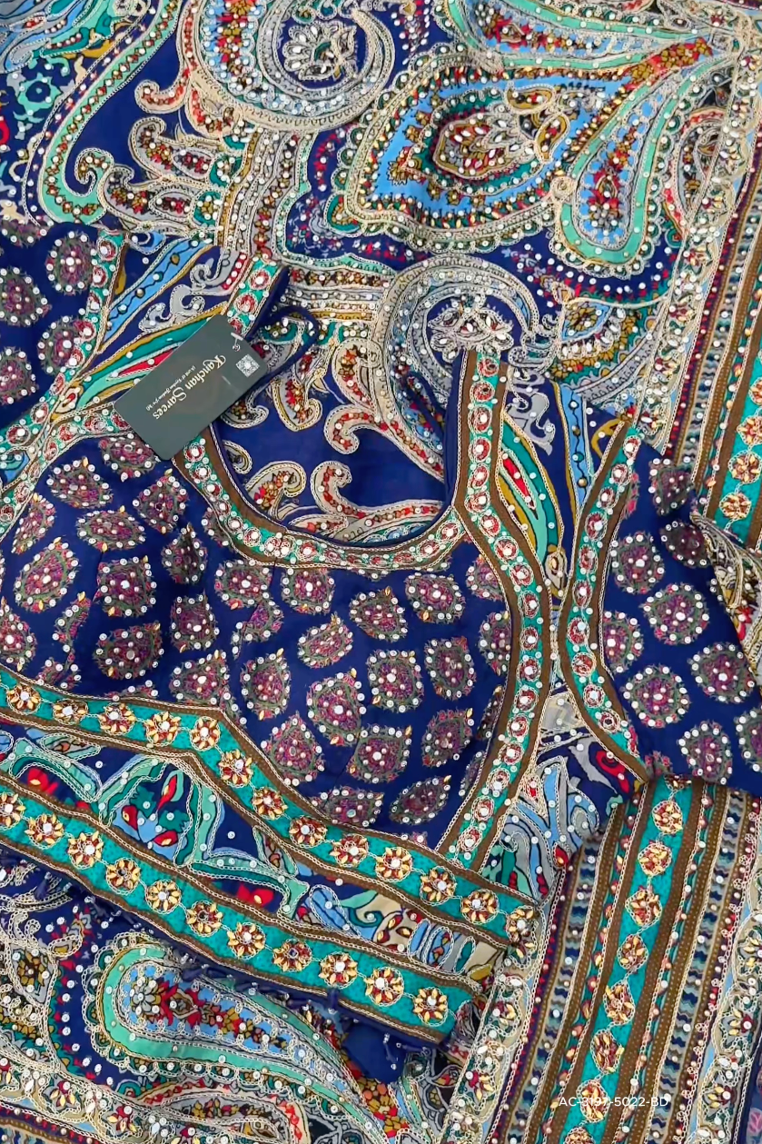 Navy Blue Chinon Ready Made Saree Embellished With Zari, Stone, Mirror & Chandla Work
