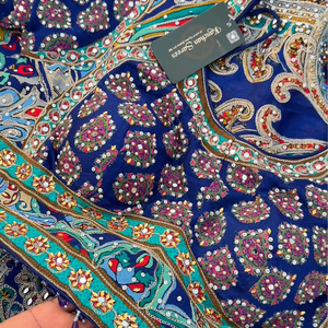 Navy Blue Chinon Ready Made Saree Embellished With Zari, Stone, Mirror & Chandla Work