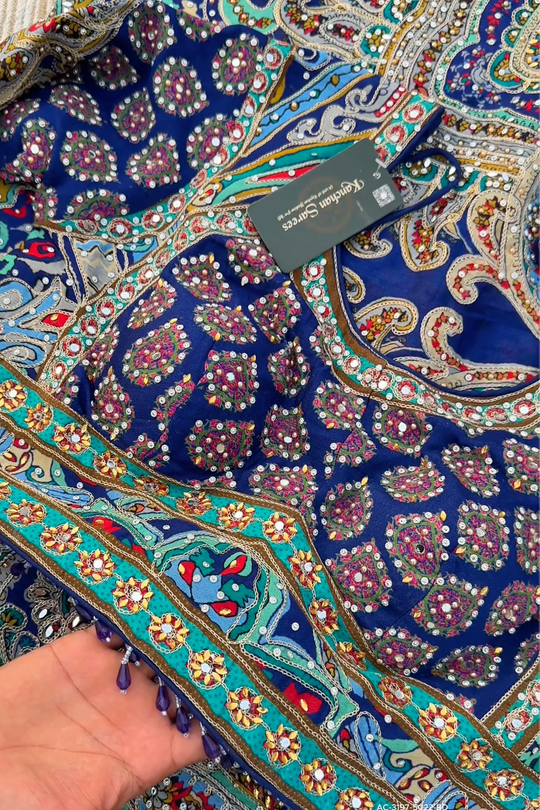 Navy Blue Chinon Ready Made Saree Embellished With Zari, Stone, Mirror & Chandla Work