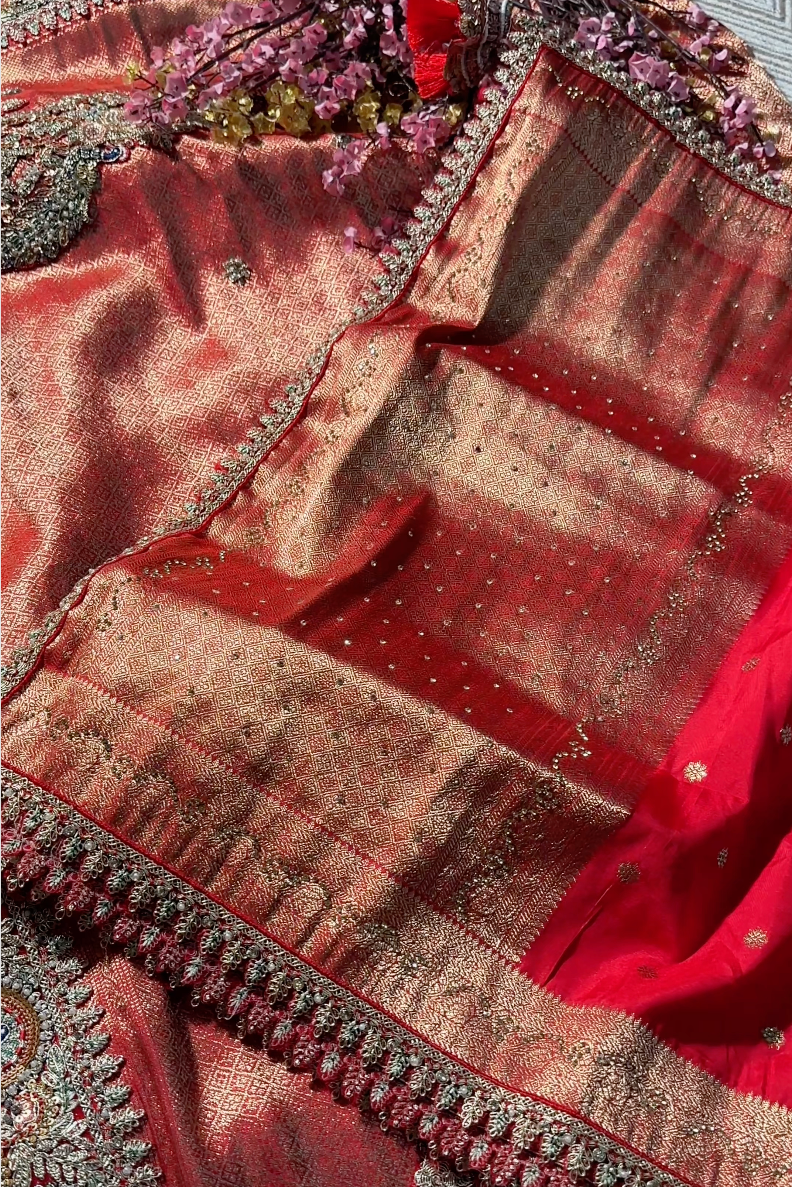 Orange Banarasi Silk Unstitched Saree with Dupatta Embellished with Moti & Zari Work