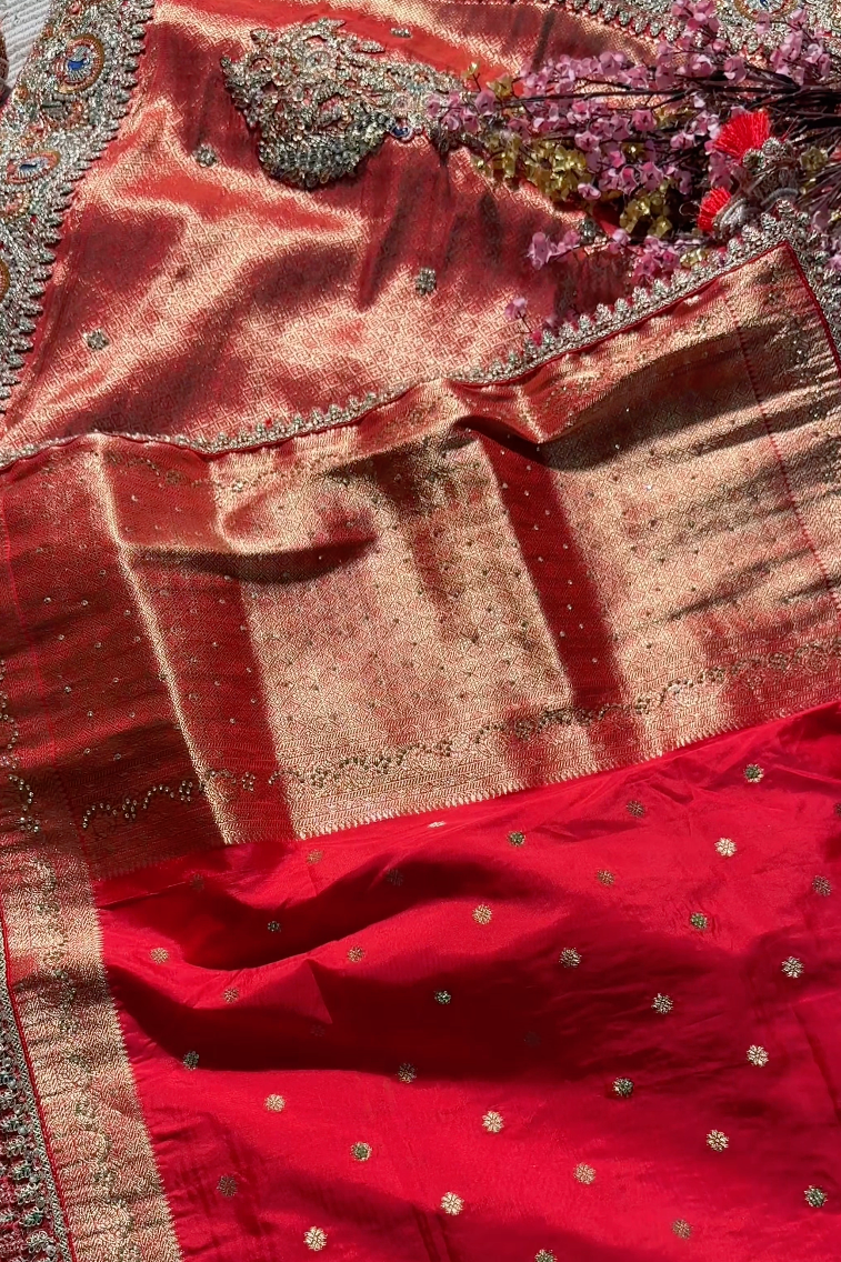 Orange Banarasi Silk Unstitched Saree with Dupatta Embellished with Moti & Zari Work
