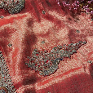 Orange Banarasi Silk Unstitched Saree with Dupatta Embellished with Moti & Zari Work