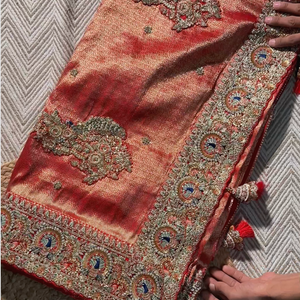 Orange Banarasi Silk Unstitched Saree with Dupatta Embellished with Moti & Zari Work