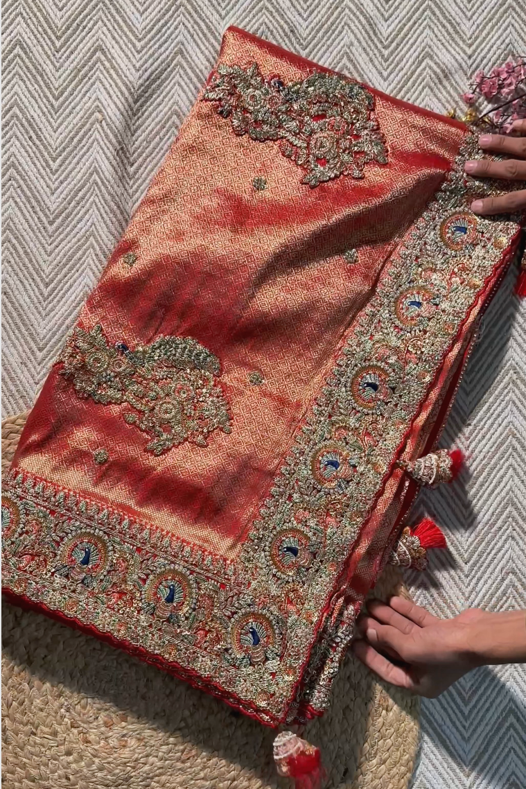 Orange Banarasi Silk Unstitched Saree with Dupatta Embellished with Moti & Zari Work
