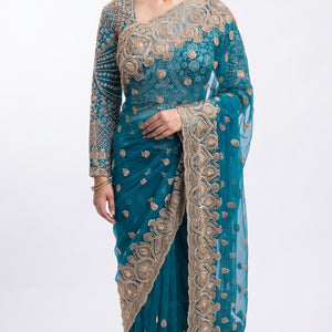 Turquoise Net Saree Embellished With Cut Dana, Sequins & Moti Work