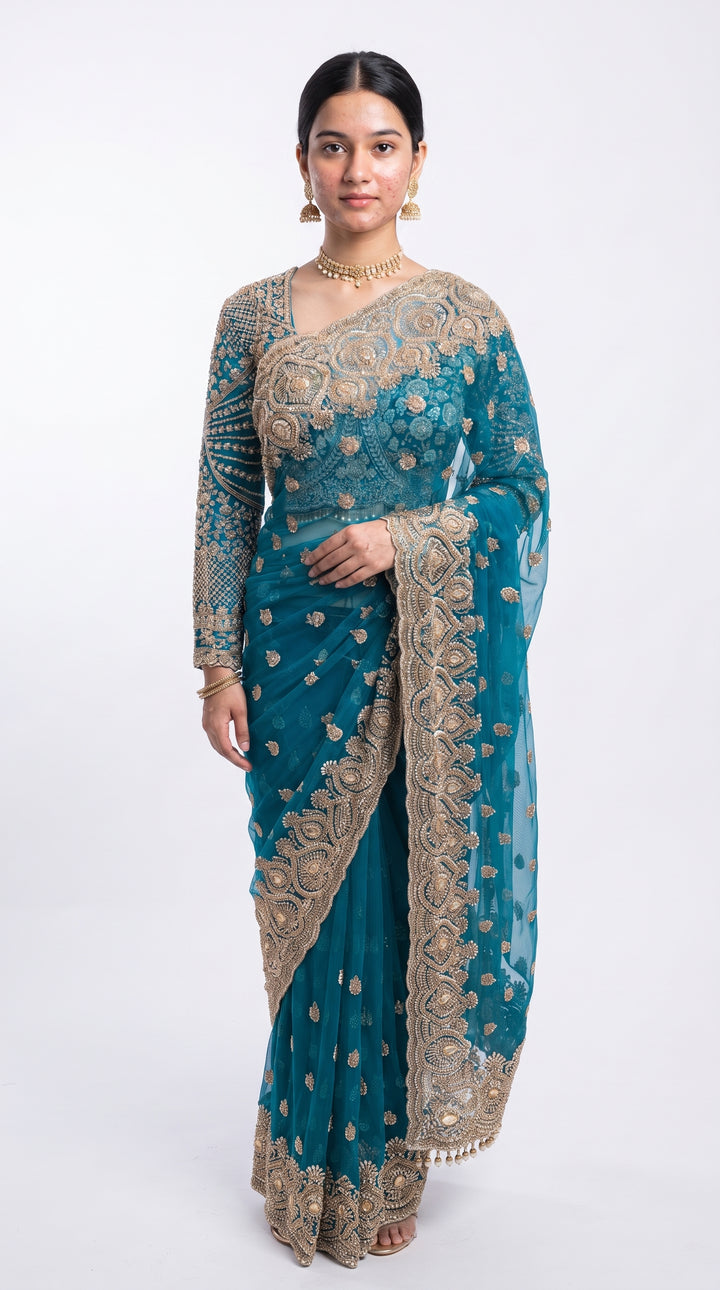Turquoise Net Saree Embellished With Cut Dana, Sequins & Moti Work