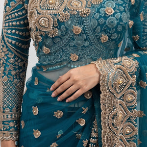 Turquoise Net Saree Embellished With Cut Dana, Sequins & Moti Work