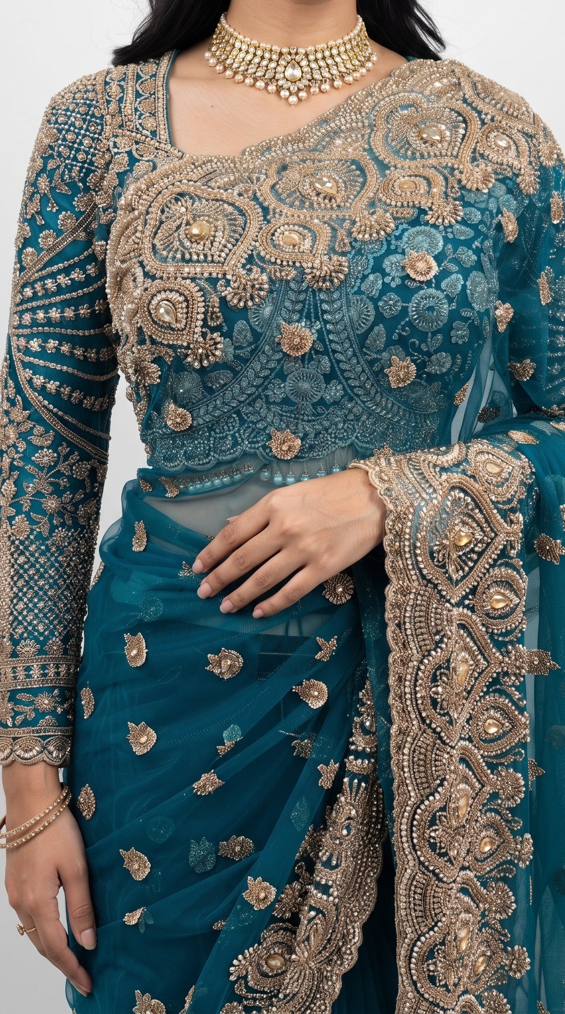 Turquoise Net Saree Embellished With Cut Dana, Sequins & Moti Work